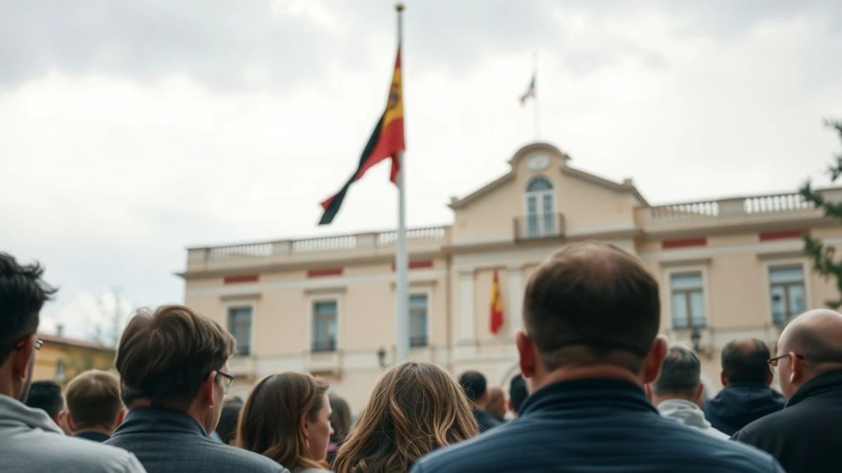 Imagen ilustrativa: un grupo de personas guarda un minuto de silencio en una plaza ante un edificio municipal con una bandera a media asta y un crespón negro.