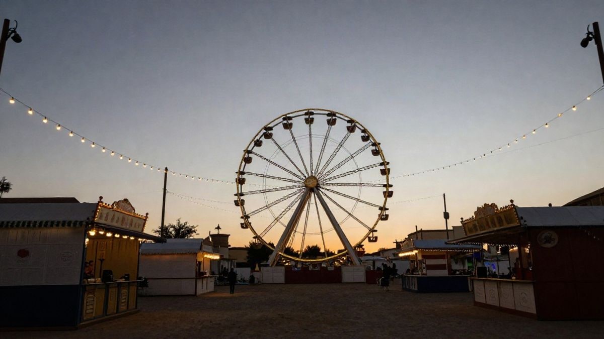 Imagen ilustrativa: ángulo bajo de un recinto ferial español con luces y noria al atardecer