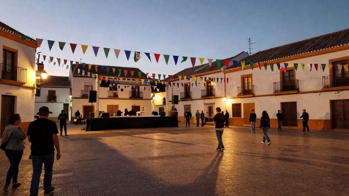 Illustrative image: square of an Andalusian village adorned with fair lights at sunset, with an empty stage and dance floor.