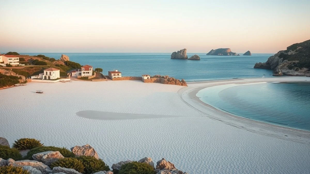 Vista aérea de la playa de Canido con casas bajas y las Islas Cíes al fondo
