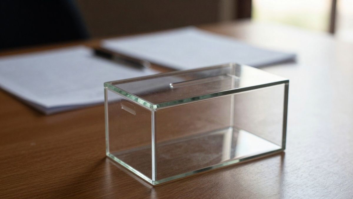 Imagen ilustrativa: primer plano de una urna transparente sobre una mesa con documentos desenfocados al fondo
