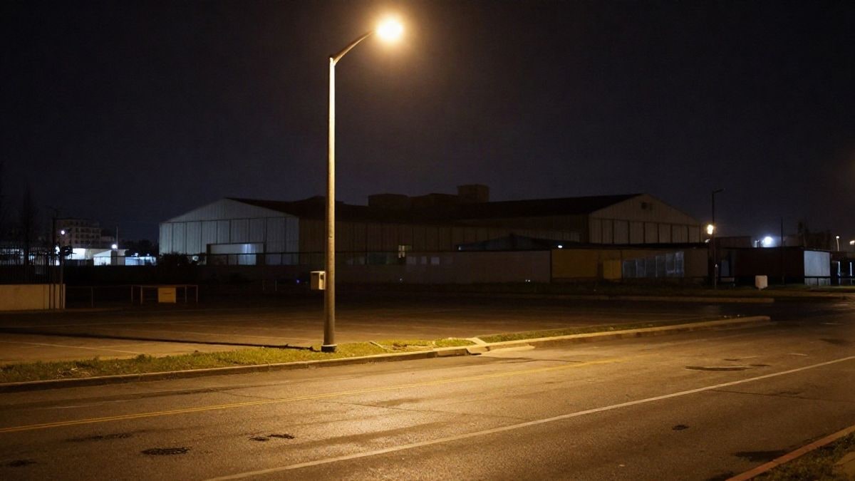 Imagen ilustrativa: farola nocturna iluminando el pavimento mojado de un polígono industrial
