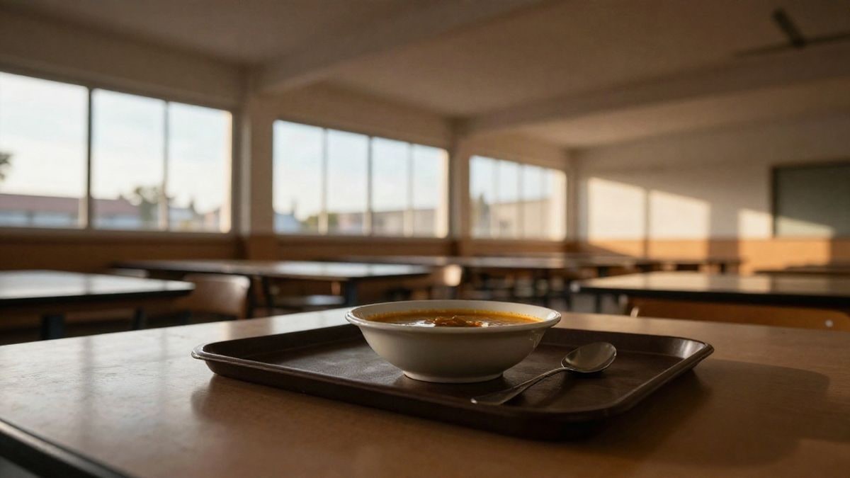 Imagen ilustrativa: bandeja de comedor escolar con un bol de sopa y una cuchara sobre una mesa, en un ángulo bajo