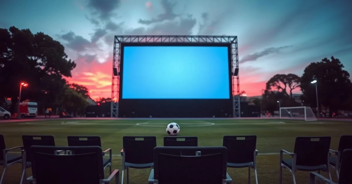 Pantalla gigante al aire libre en un parque al atardecer con un balón de fútbol en el césped