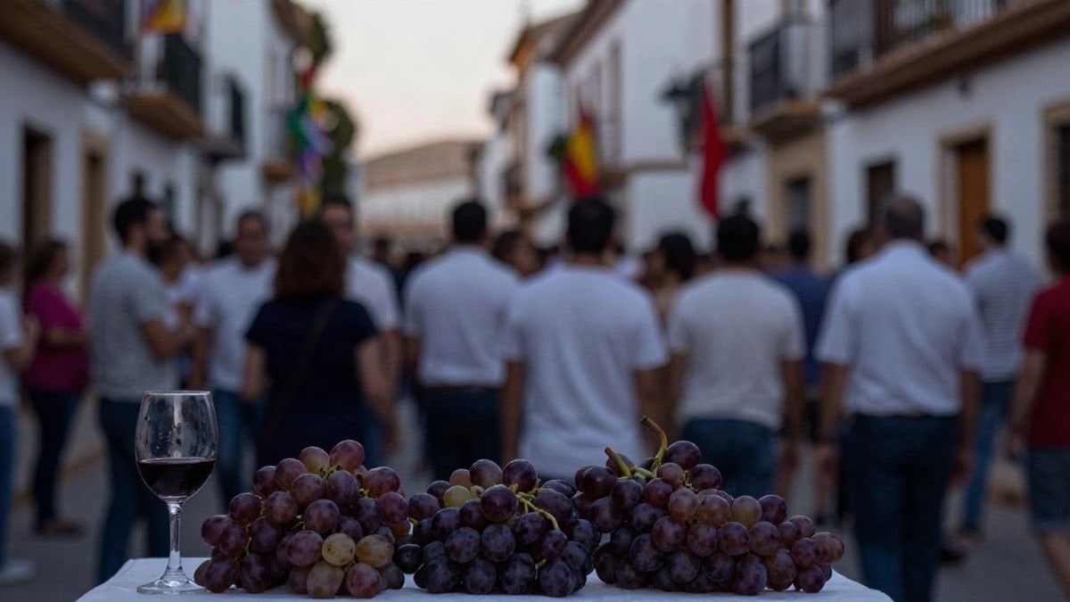 Illustrative image: close-up of grapes and wine with a lit Andalusian street in the background.