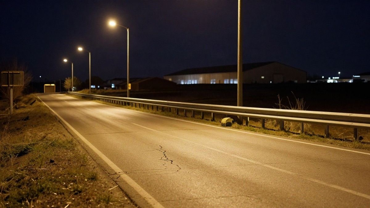 Imagen ilustrativa: camino rural iluminado por farolas con barreras de seguridad y naves industriales al fondo