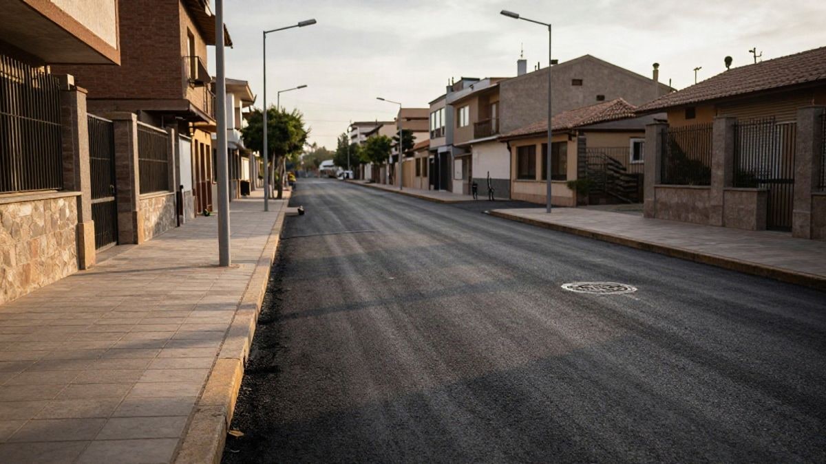 Imagen ilustrativa: una calle residencial recién pavimentada con aceras nuevas y farolas LED al atardecer