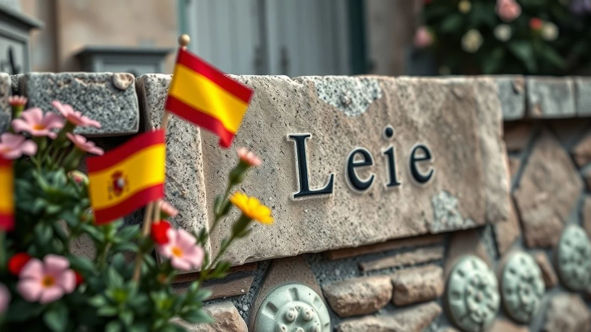 Placa conmemorativa de Miguel Ángel Blanco en un jardín con flores y una bandera española