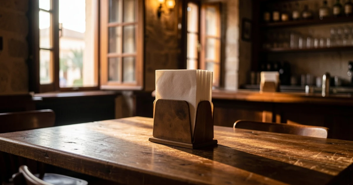 Servilletero de la campaña sobre una mesa de madera en un bar vacío del Soho de Málaga, con luz natural suave