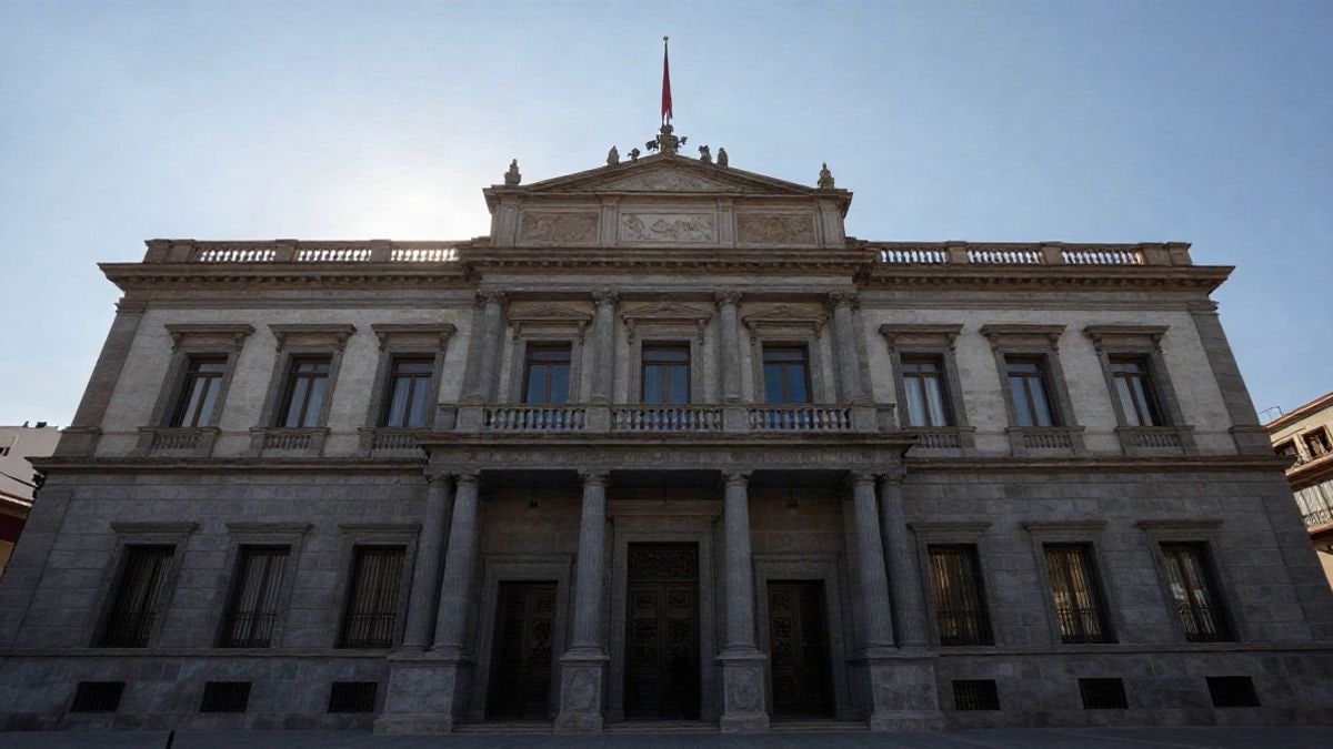 Imagen ilustrativa: fachada de un edificio institucional español visto desde un ángulo bajo, con cielo de fondo y luz natural dramática.