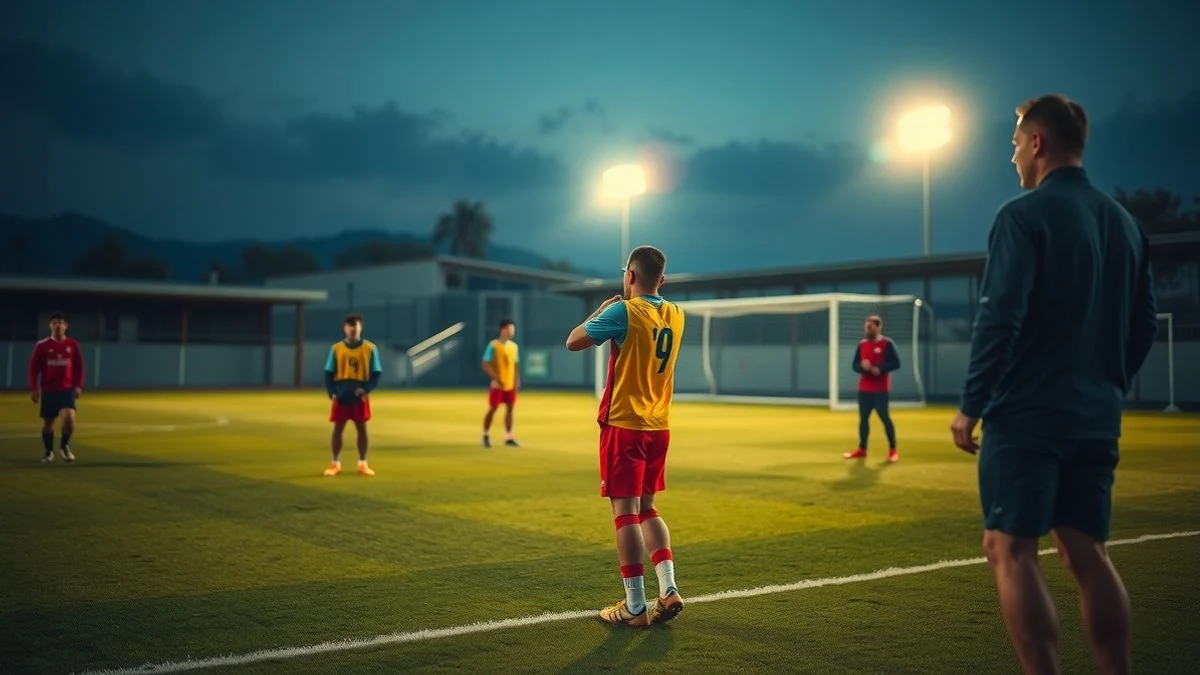 Imagen ilustrativa: un entrenamiento de fútbol en un campo verde al atardecer con focos encendidos y dos figuras en un abrazo de fondo