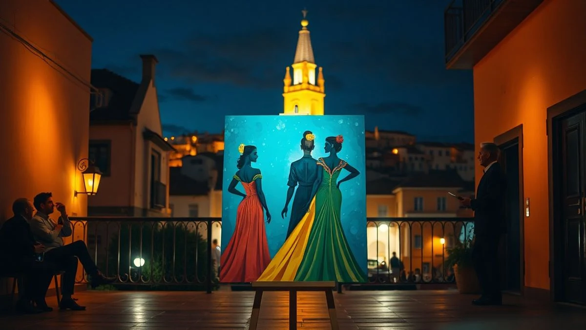 Imagen ilustrativa: un cartel artístico con figuras femeninas y un perfil urbano nocturno, iluminado en un patio.