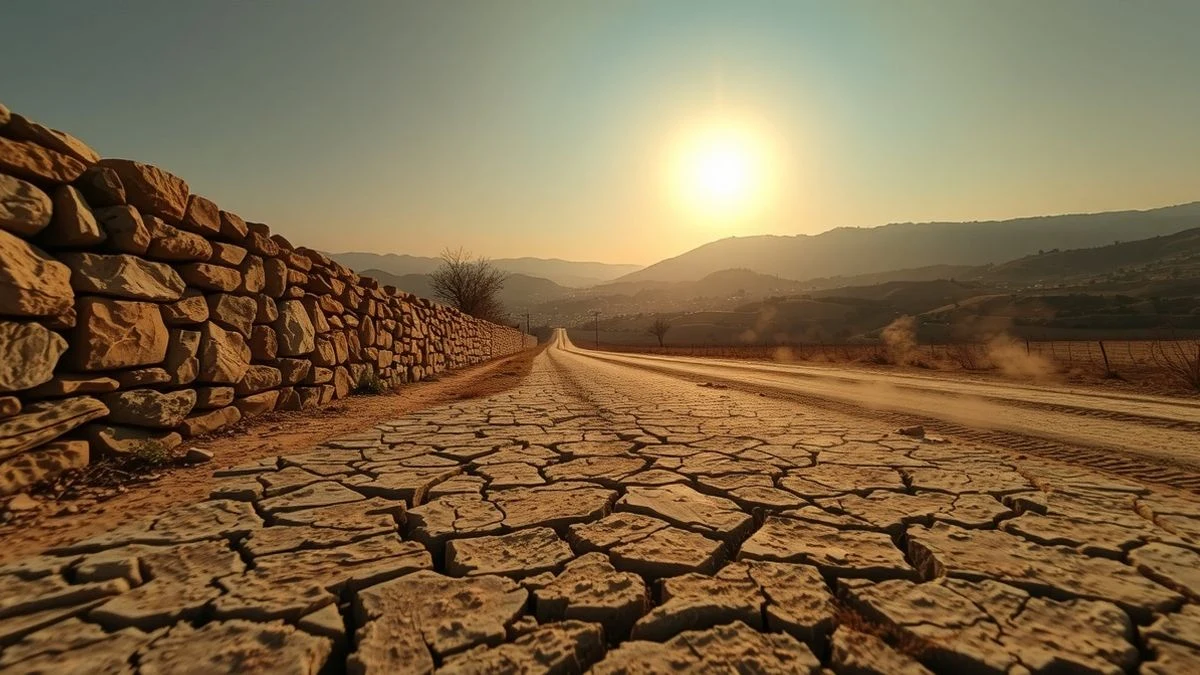 Camino de tierra agrietado hacia un pueblo blanco bajo un sol intenso y calima