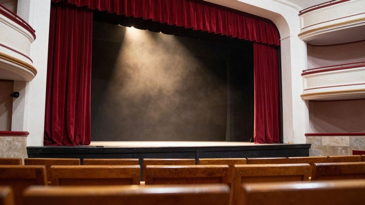 Imagen ilustrativa: escenario de teatro tradicional con cortina de terciopelo rojo y un haz de luz cálida desde el suelo