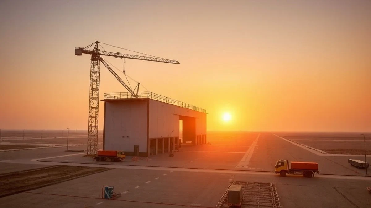 Aerial view of a logistics facility under construction at the Dry Port of Antequera at sunset