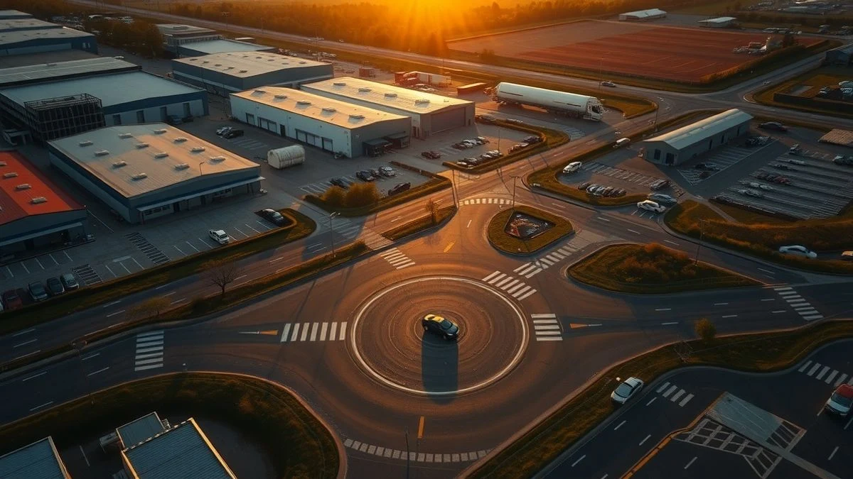 Aerial view of the Guadalhorce industrial estate at sunset with a car driving through an empty roundabout