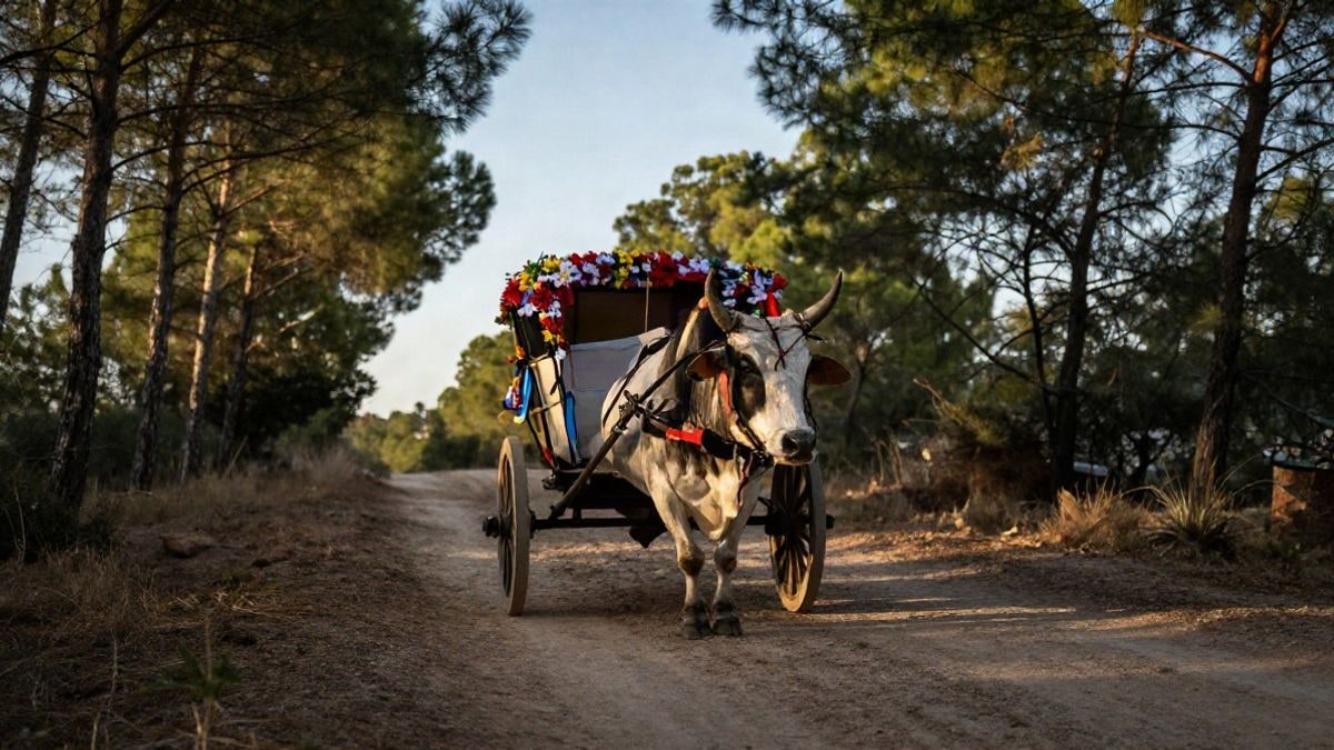 Imagen ilustrativa: carreta engalanada con flores en un camino de tierra hacia un pinar bajo un cielo despejado