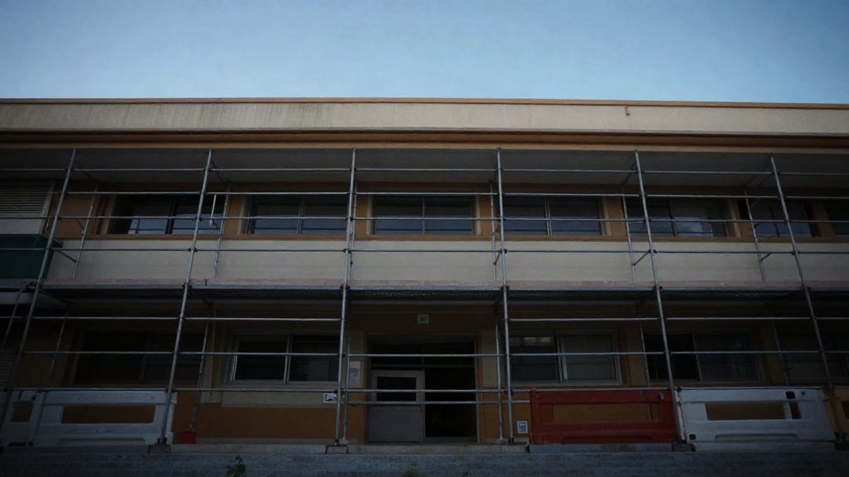 Imagen ilustrativa: fachada de un colegio con andamios y vallas de obra bajo un cielo despejado