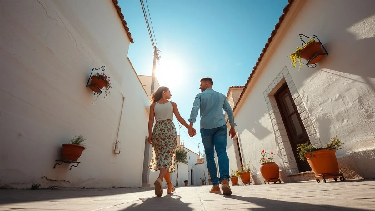 Illustrative image: a narrow street with white houses and flower pots, lit by the afternoon sun, with a couple walking hand in hand.