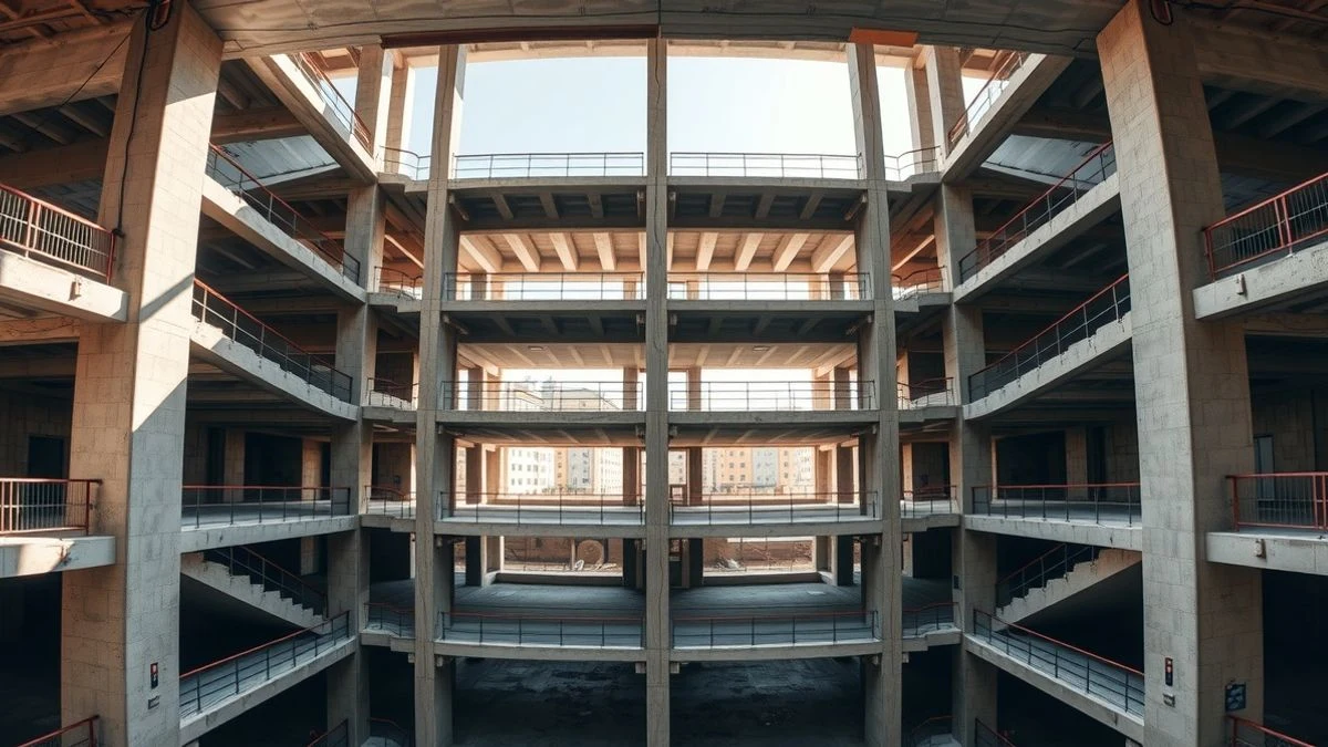Imagen ilustrativa: interior de un aparcamiento de varias plantas en construcción, con pilares de hormigón y rampas vacías.