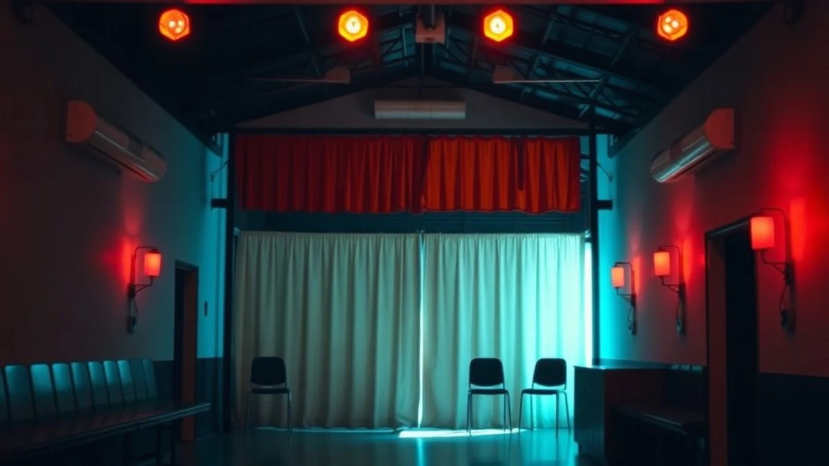 Imagen ilustrativa: escenario vacío de un recinto ferial con luces de colores y micrófono en primer plano