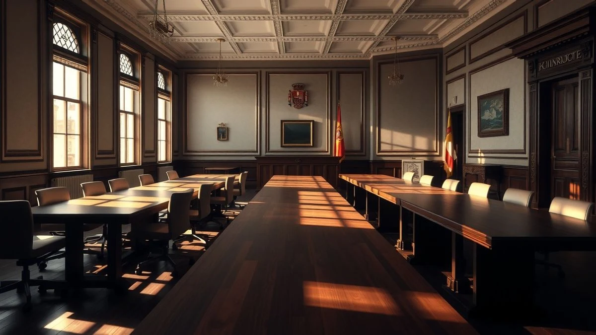 Imagen ilustrativa: interior vacío de un edificio municipal con luz de ventana lateral y sombras largas.