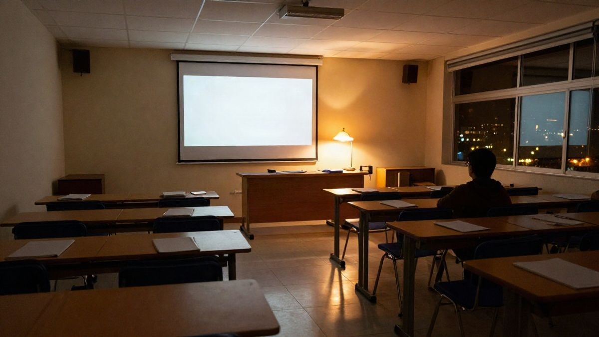 Imagen ilustrativa: aula de formación vacía con mesas y proyector encendido bajo luz artificial nocturna