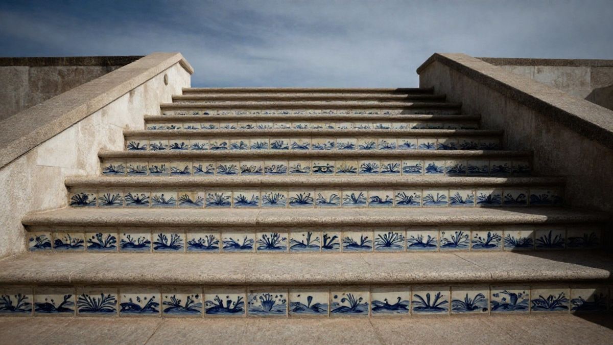 Imagen ilustrativa: escalera renovada con azulejos de motivos marinos que desciende hacia un paseo marítimo