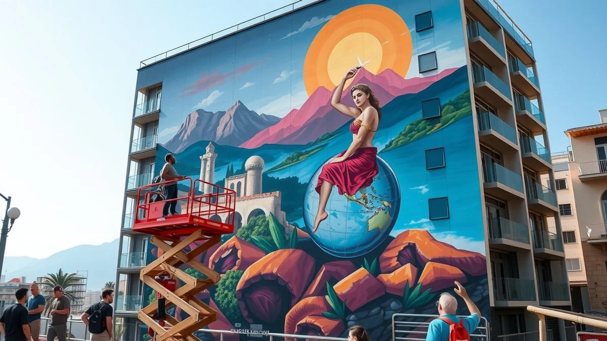 Imagen ilustrativa: mural de gran tamaño en la fachada de un edificio, con una figura femenina sentada sobre un globo terráqueo y elementos arquitectónicos clásicos de fondo.
