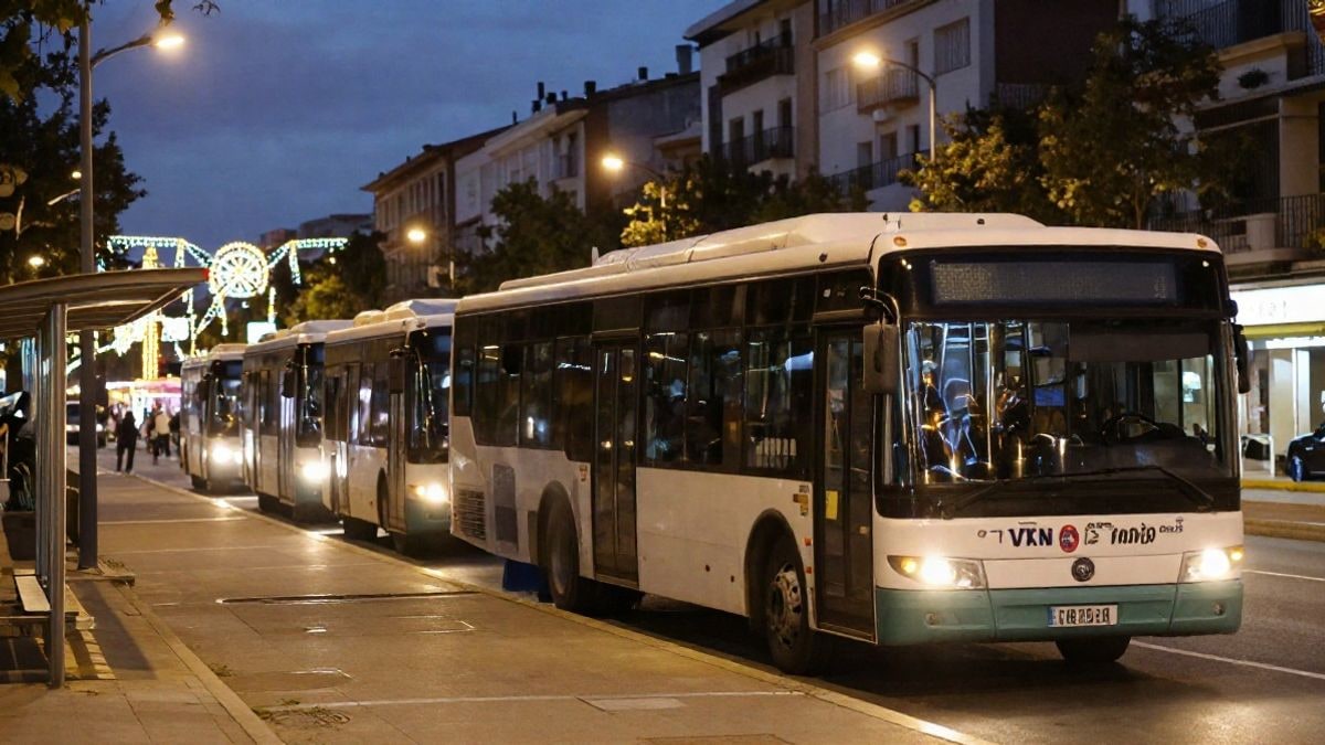 Imagen ilustrativa: autocares urbanos estacionados en una parada al anochecer, con luces de feria al fondo desenfocadas.