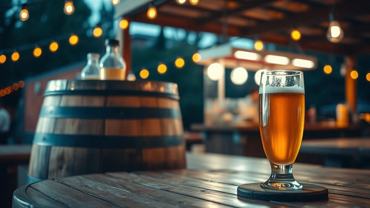Imagen ilustrativa: un barril de madera con un vaso de cerveza artesanal sobre una mesa rústica, con luces de fondo.