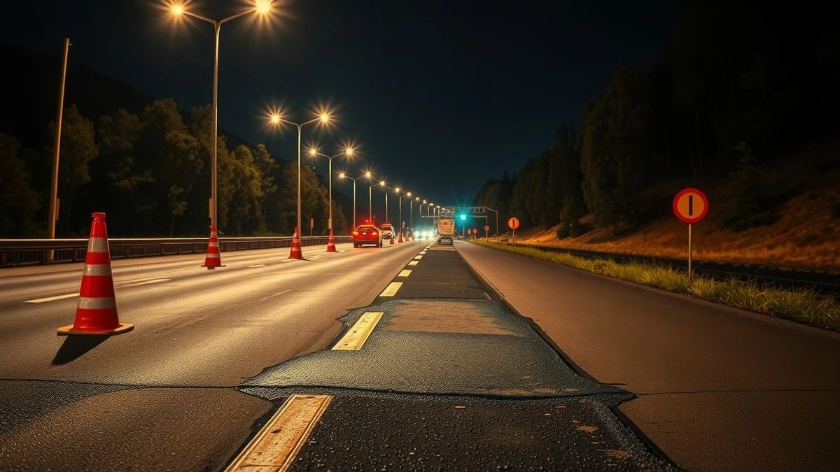 Tramo de autopista con conos y luces de emergencia tras un accidente nocturno, con asfalto quemado y vegetación al fondo.