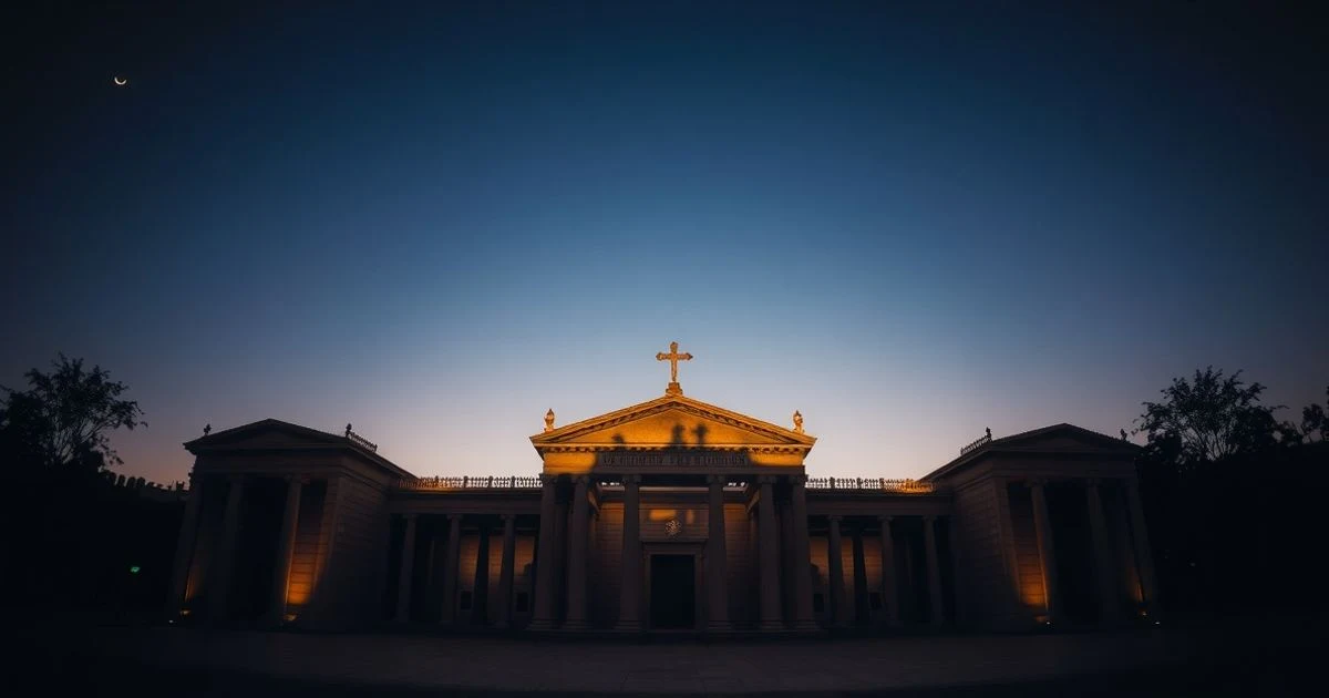Facade of a courthouse at sunset with dramatic lighting