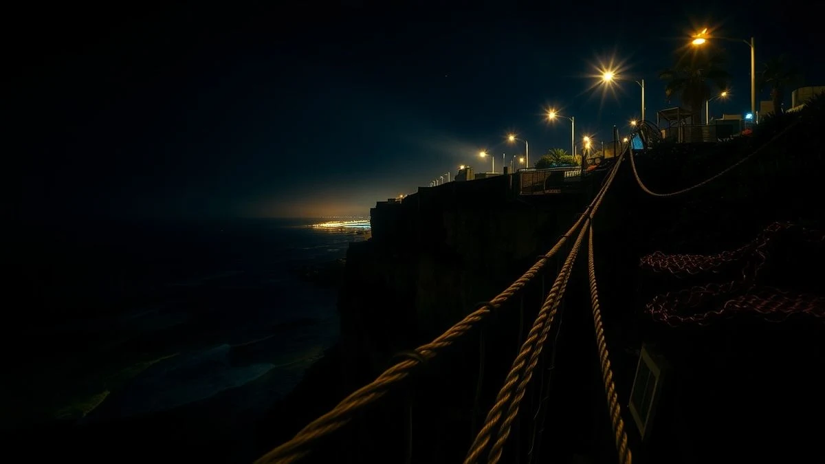 Imagen ilustrativa: acantilado costero iluminado por farolas, con malla de seguridad y cables de acero, al fondo una playa nocturna.