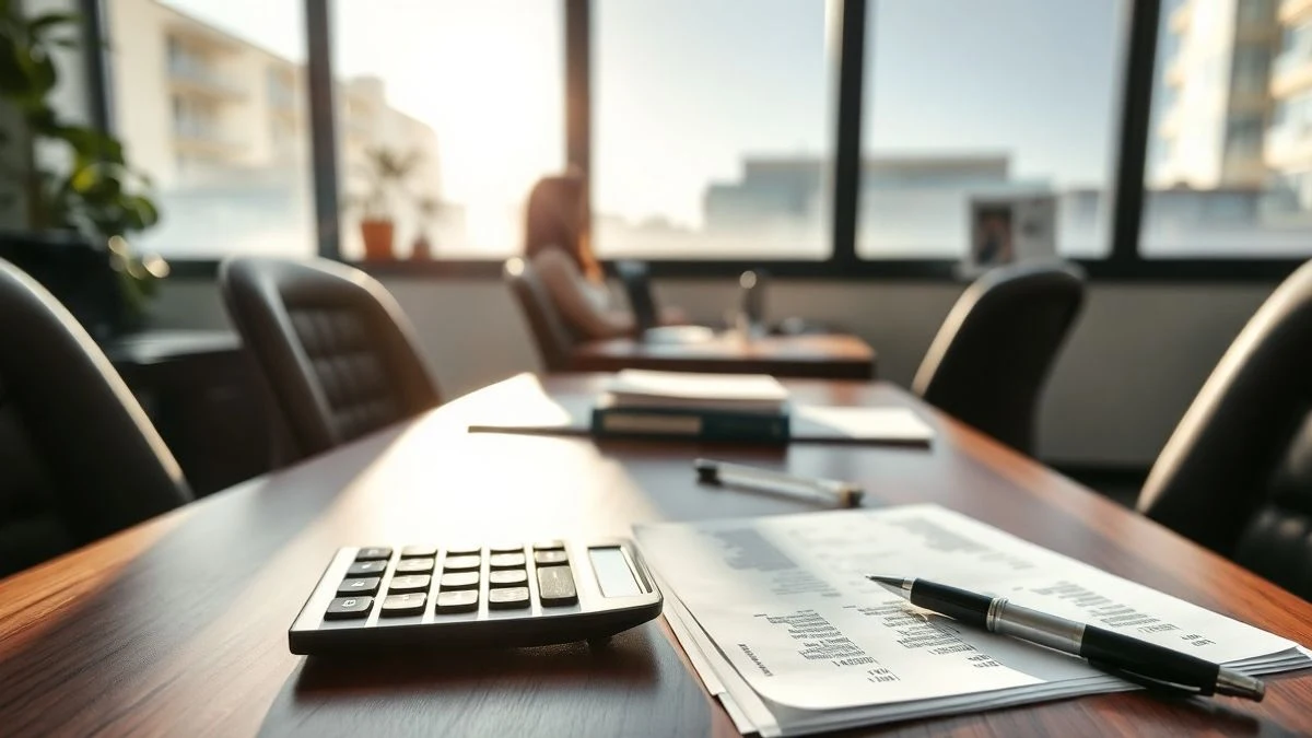 Illustrative image: office desk with financial documents, calculator, and pen next to a window with natural light.