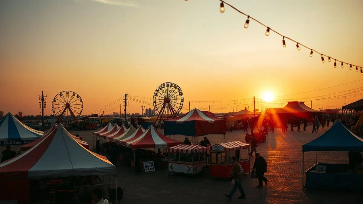 Imagen ilustrativa: recinto ferial al atardecer con casetas y noria iluminadas