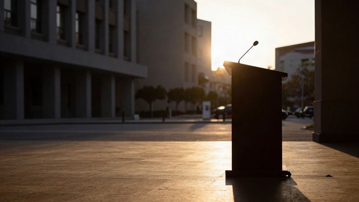 Illustrative image: empty lectern with microphone in a congress hall backlit at sunset
