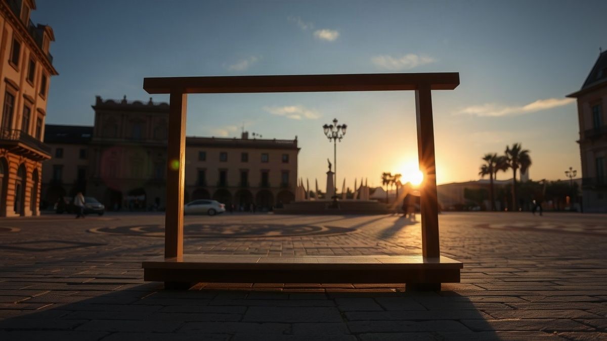 Imagen ilustrativa: atril vacío en una plaza al atardecer con sombras largas y luz dorada.