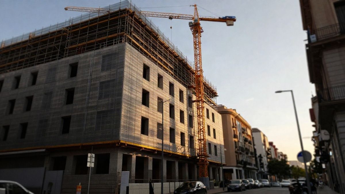 Imagen ilustrativa: edificio administrativo en construcción con andamios y grúa en una calle urbana
