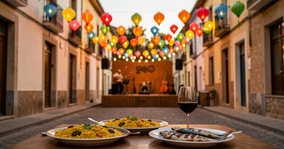Verbena nocturna con farolillos, escenario y platos de paella y sardinas en una calle de pueblo andaluz