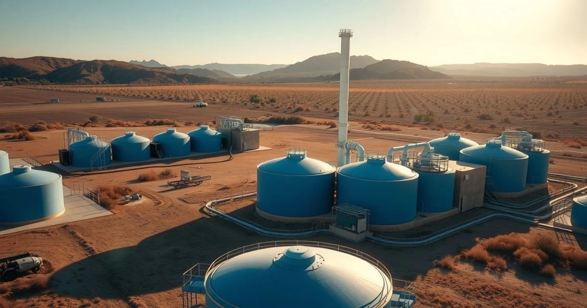 Aerial view of a water treatment plant with blue tanks in a dry Mediterranean landscape