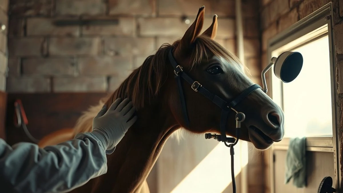 Illustrative image: a horse in a stable lit by side window light, with a veterinarian visible only from the back and arms.