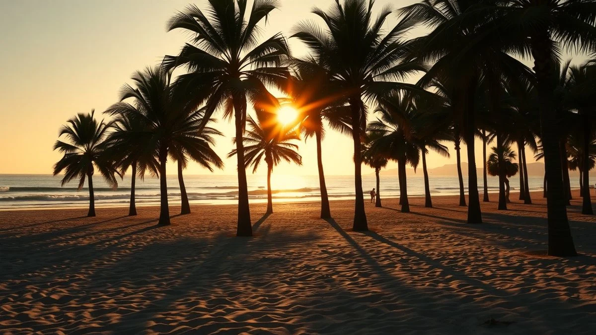 Málaga beach at sunset with long shadows of palm trees and golden light over the sea