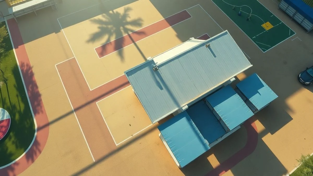 Illustrative image: aerial view of a schoolyard with improvement works and a new roof under construction