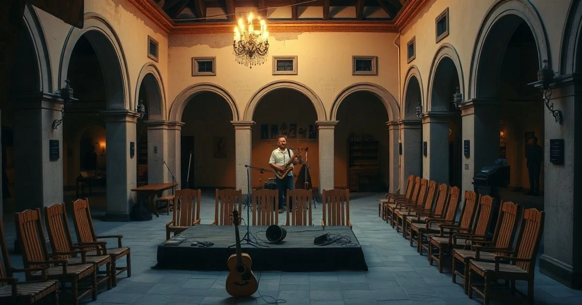 Patio del Museo de la Ciudad de Antequera con sillas y escenario vacío para conciertos de jazz al atardecer