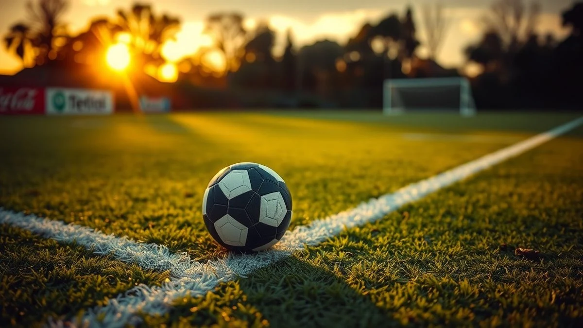 Punto de penalti con balón de fútbol sobre el césped al atardecer
