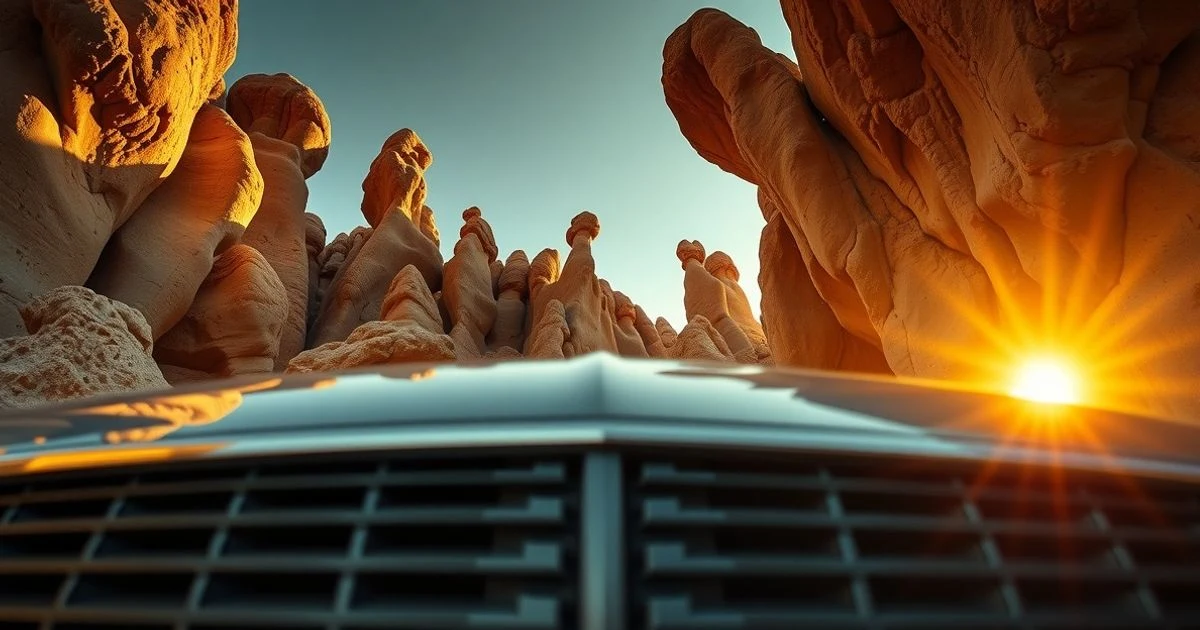 Rock formations of El Torcal de Antequera at sunset with a luxury car in the blurred foreground