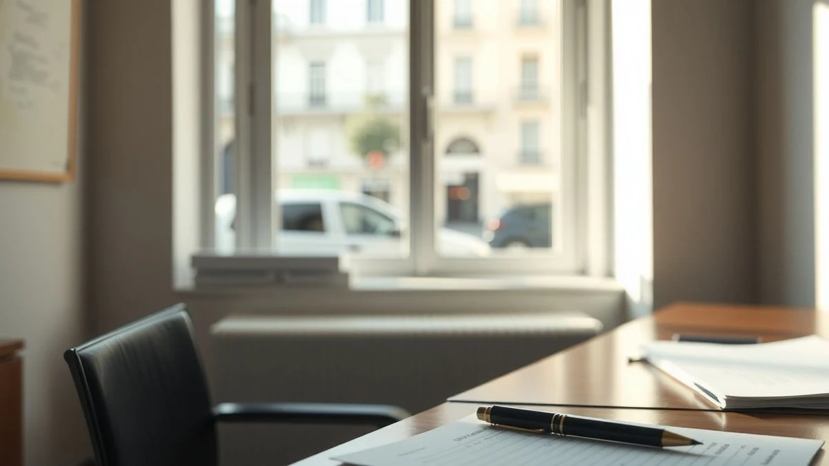 Illustrative image: a municipal office with side light, documents on the table and a blurred street in the background.