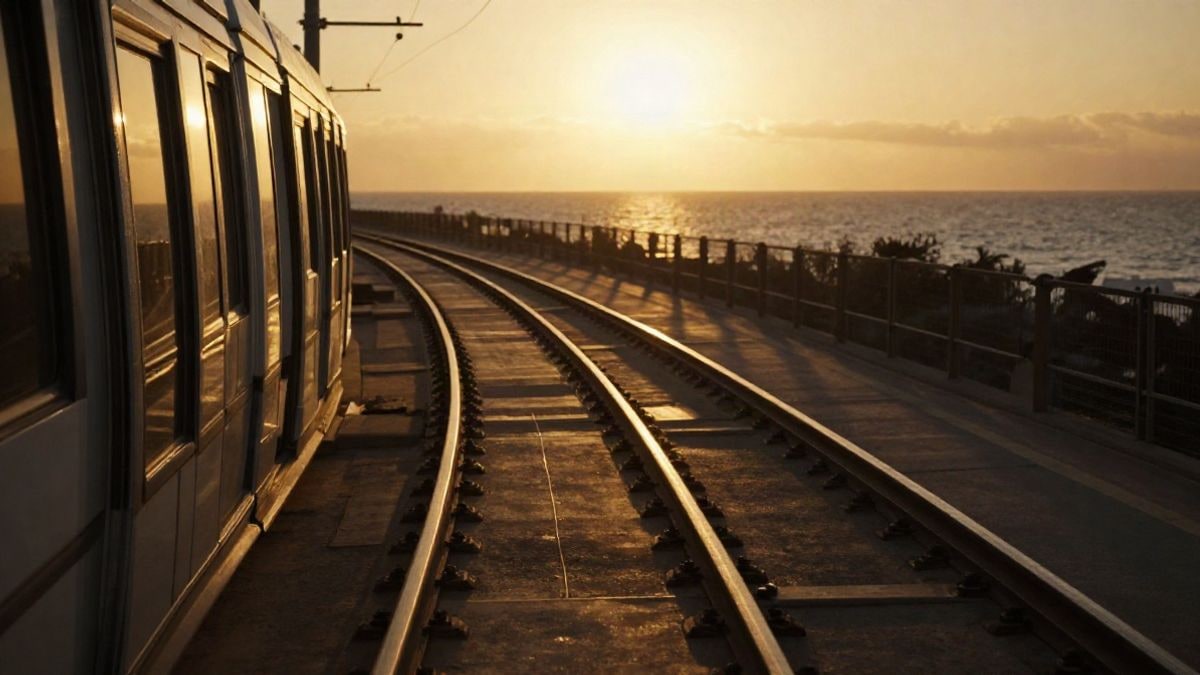 Imagen ilustrativa: vías de tren ligero junto a la costa en contraluz al atardecer, con sombras largas