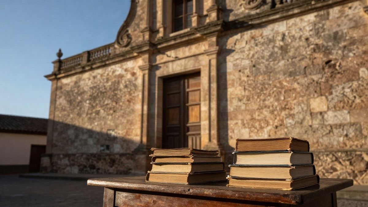 Imagen ilustrativa: fachada de piedra de un edificio histórico junto a una pila de libros antiguos sobre una mesa de madera al atardecer
